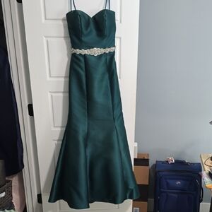 La Femme Green Embellished Strapless Gown